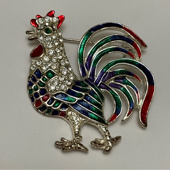 VTG RHINESTONE ENAMEL CHICKEN CHANTICLEER ROOSTER BIRD PIN BROOCH BLUE RED GREEN - Picture 1 of 5